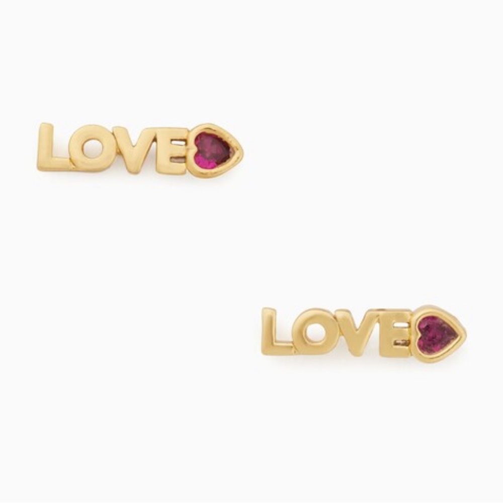 Kate Spade New York Gold Love You, Mom Love Mini Studs ~ Red Heart Rhinestones
